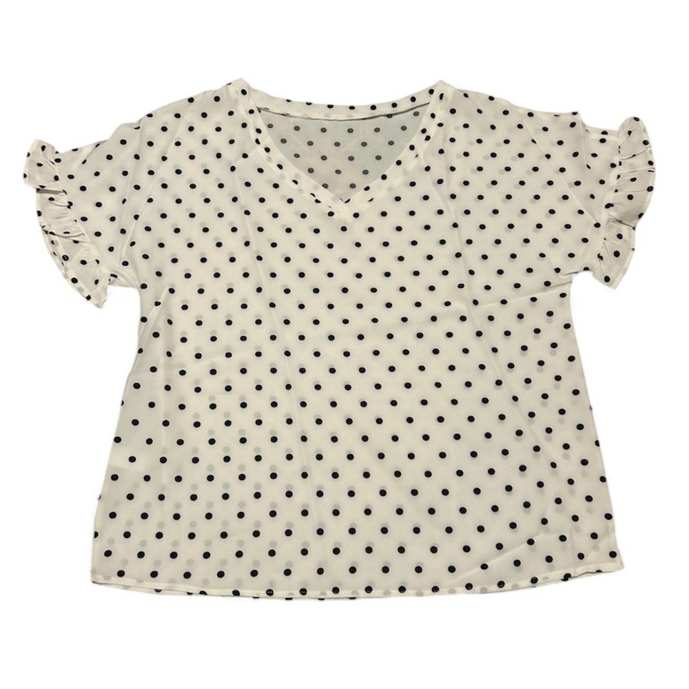 NWT white black polka dot vneck ruffle short‎ sleeve blouse old money staple top